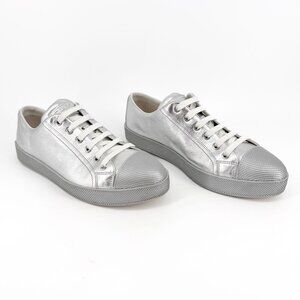 Prada Cap Toe Low Top Sneakers Size 41 US 11 Metallic Silver Leather Logo Shoe